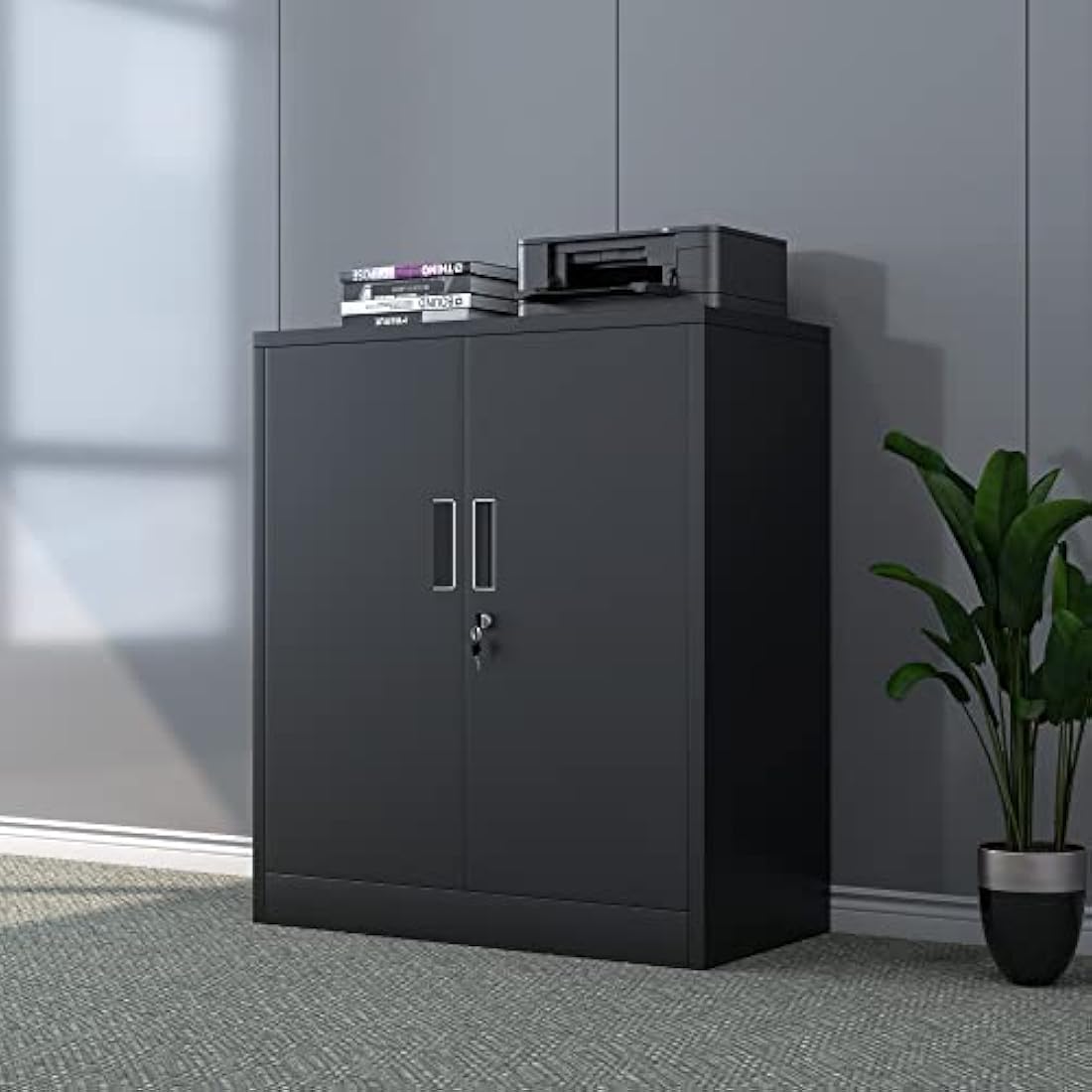 iJINGUR Metal Storage Cabinet with Locking Doors and 2 Shelves - Black