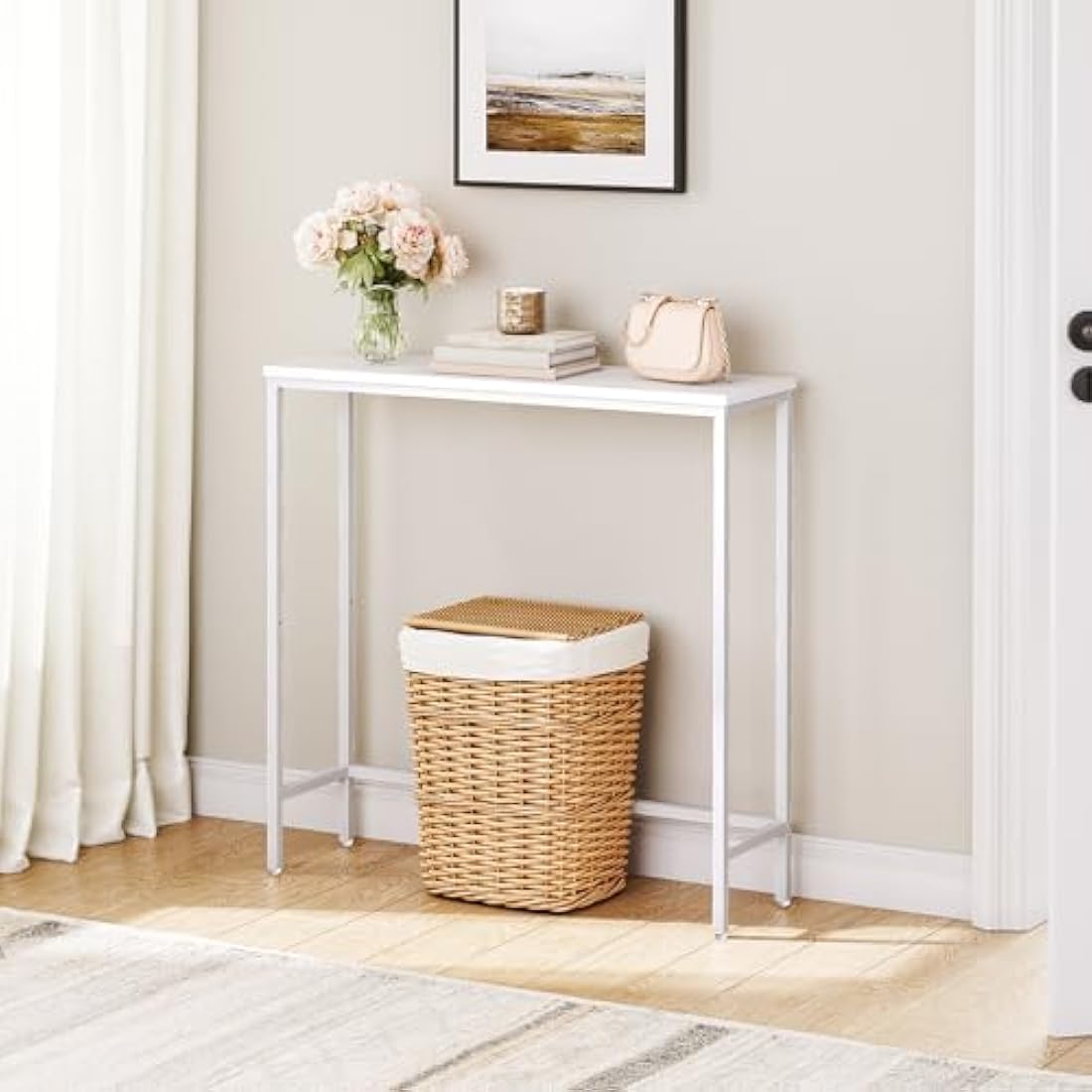 HOOBRO Slim Console Table – Modern White Metal Entryway Sofa Table