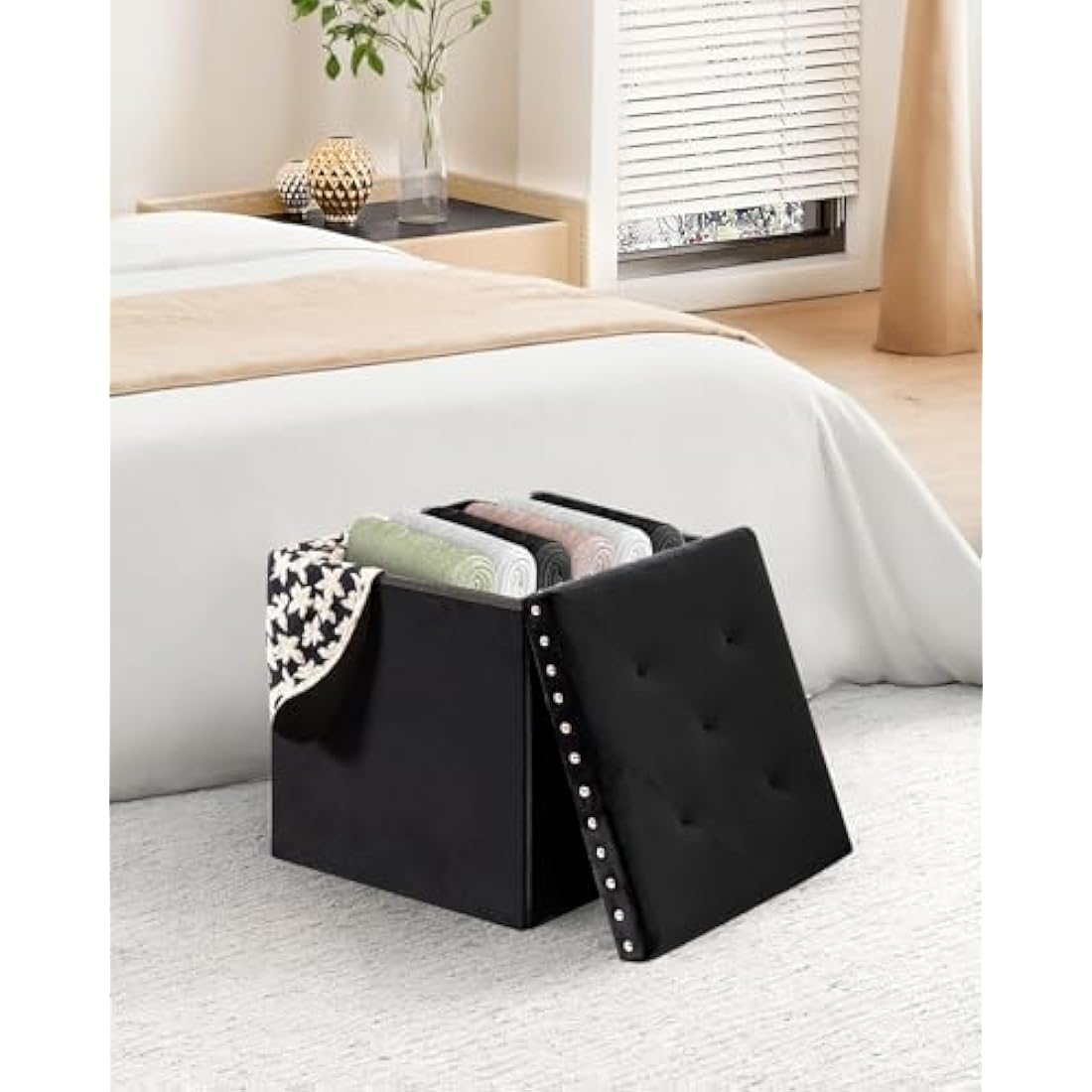 Bonlife Velvet Storage Ottoman | Folding Footstool & Coffee Table - Black