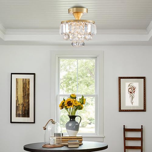Bestier Modern Gold Crystal Semi-Flush Mount Chandelier – 23cm LED Light