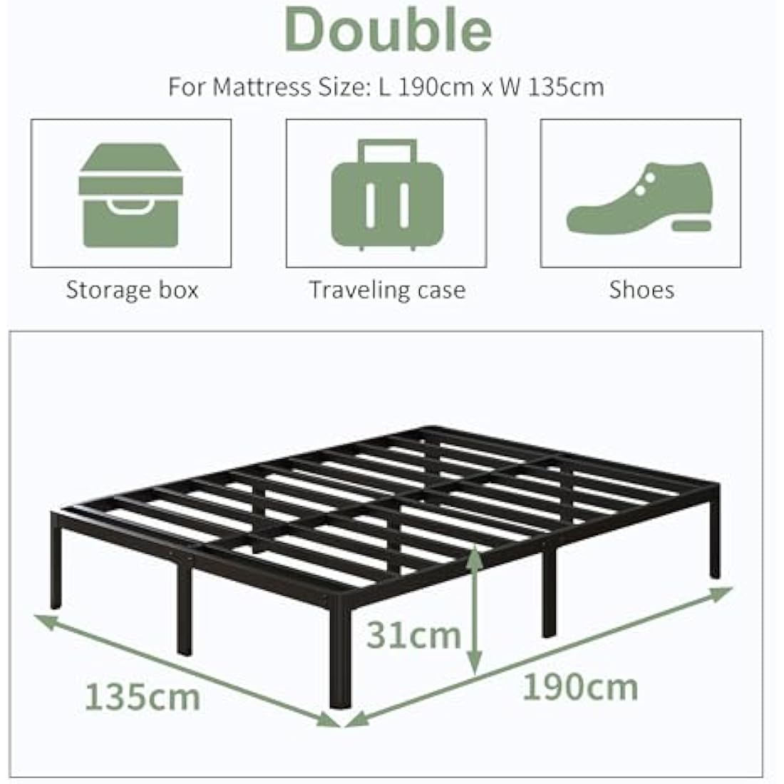 4ft6 Double Metal Bed Frame – Heavy Duty Steel Slats, Black