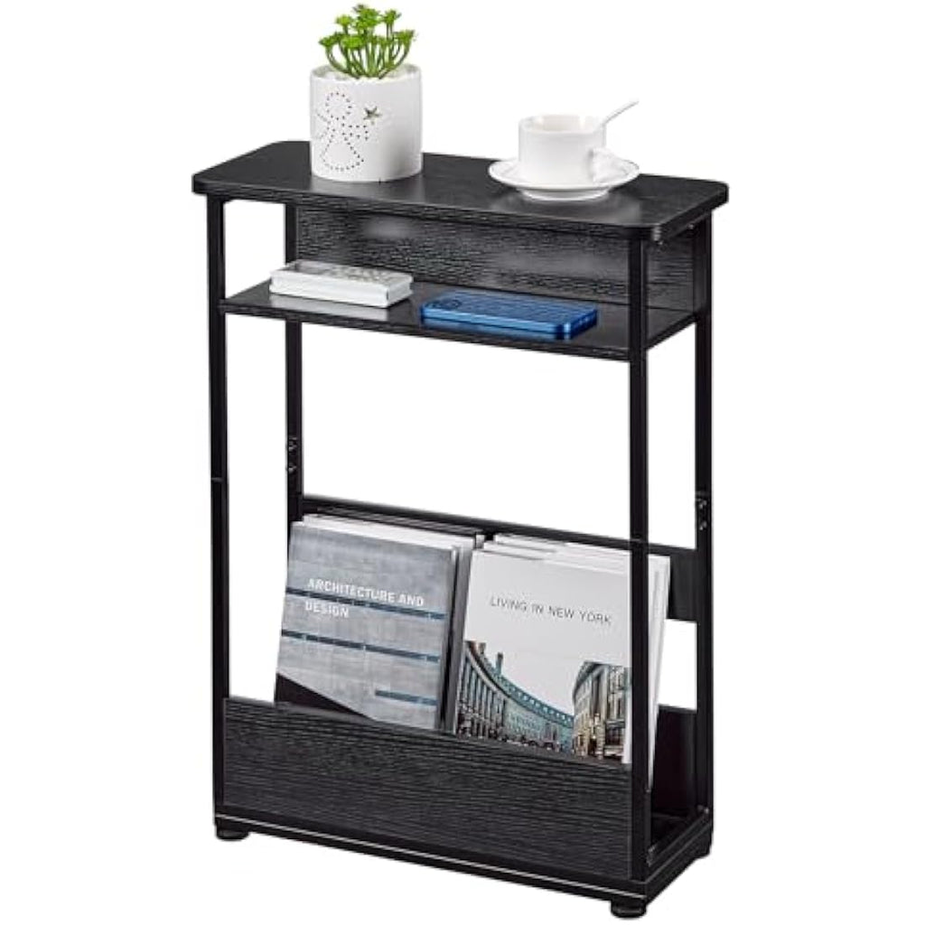 Narrow Side Table – Slim Nightstand with Magazine Rack, Black