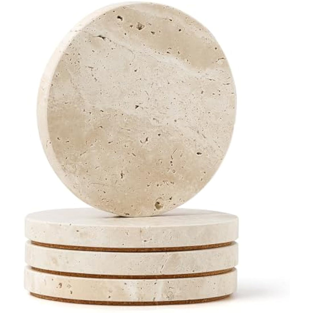WORHE Natural Travertine Marble Coasters - Set of 4 Round Beige Stone