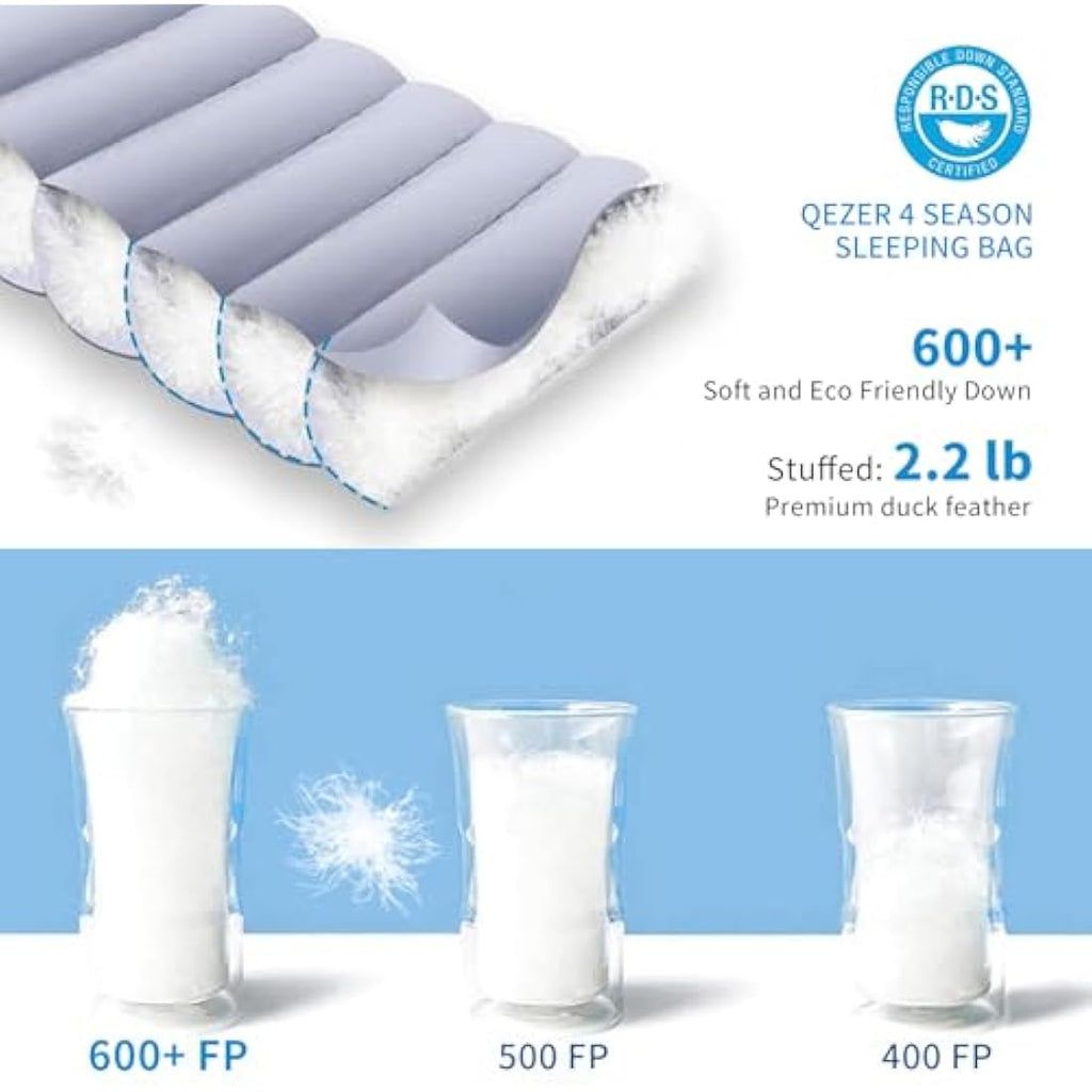 QEZER 4-Season Down Sleeping Bag | 620FP Duck Down Mummy Bag