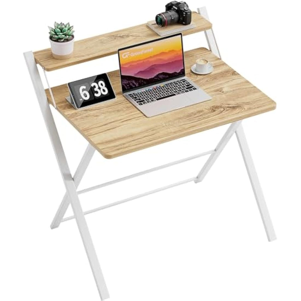 GreenForest Folding Computer Desk with Monitor Shelf | Oak Small Space