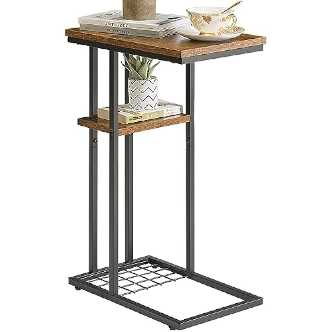 YMYNY C-Shaped End Table – Industrial Side Table for Small Spaces, Brown