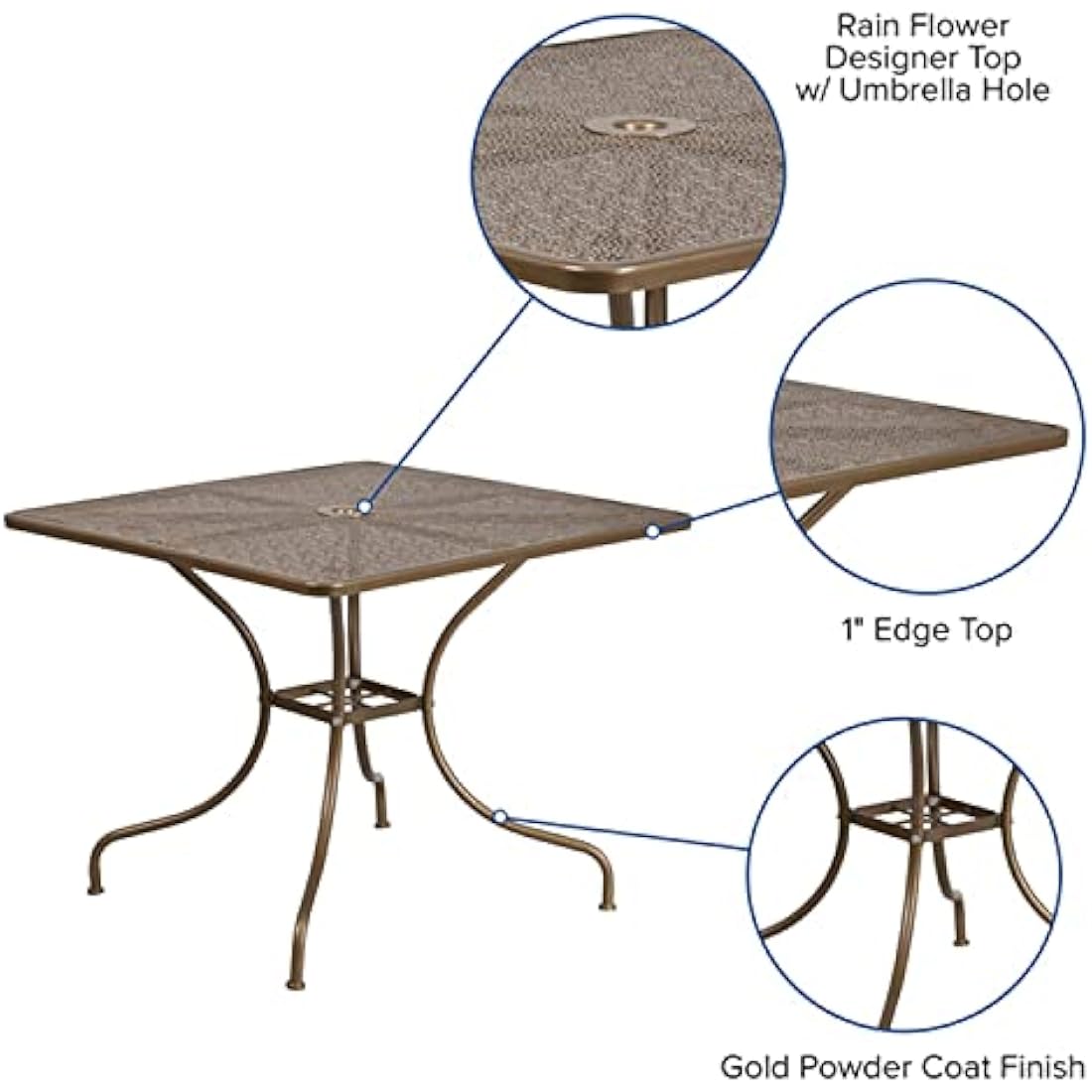 Flash Furniture Oia 35.5" Square Gold Steel Patio Table with Umbrella Hole