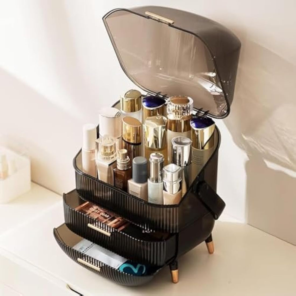 SIOOUI Makeup Organizer – 3-Layer Large Cosmetic Display Case, Clear Gray