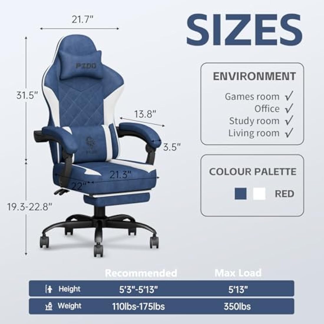 PZDO Ergonomic Gaming Chair with Footrest | Breathable Tech Fabric – Blue