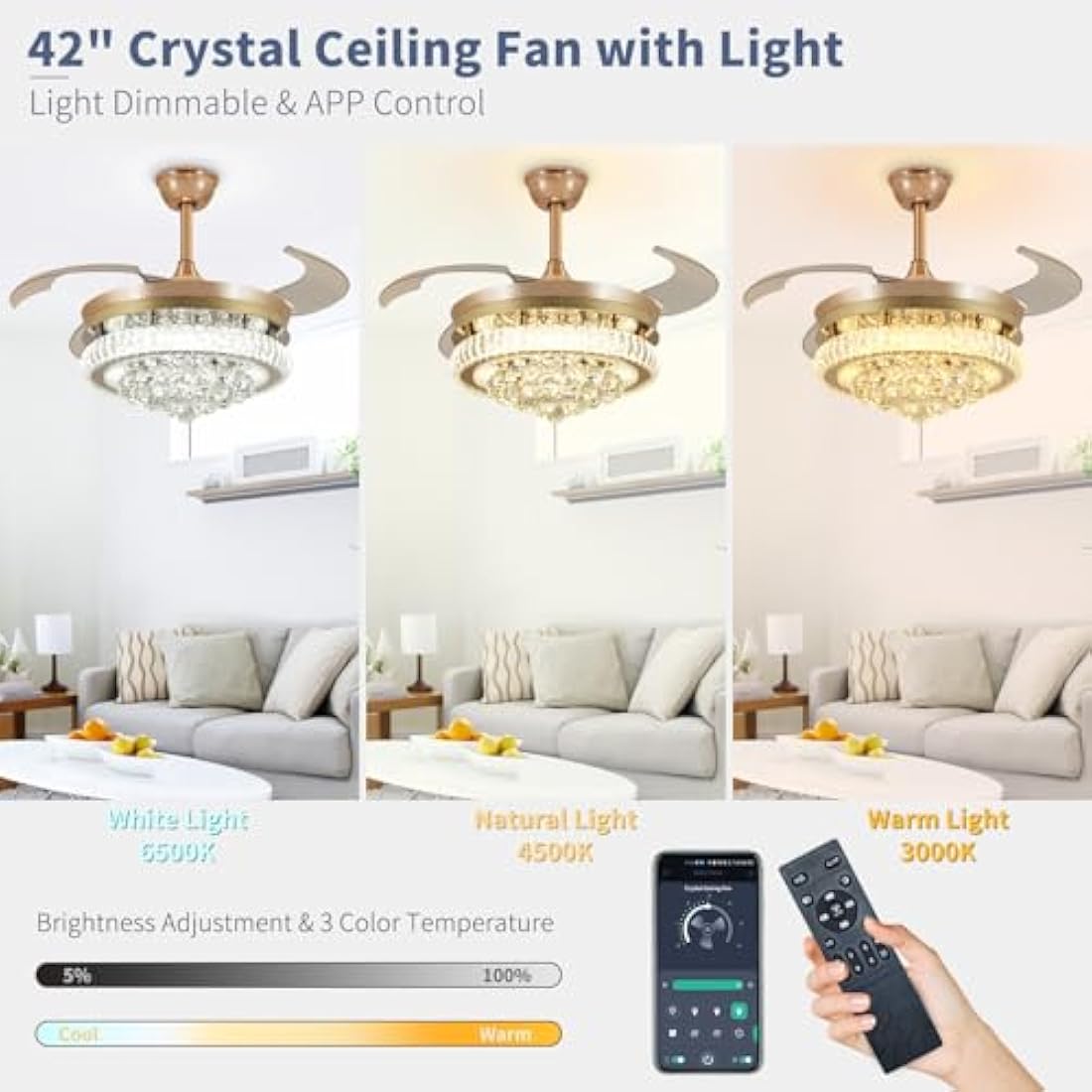 Depuley 42" Smart Crystal Ceiling Fan – Retractable Dimmable Fandelier