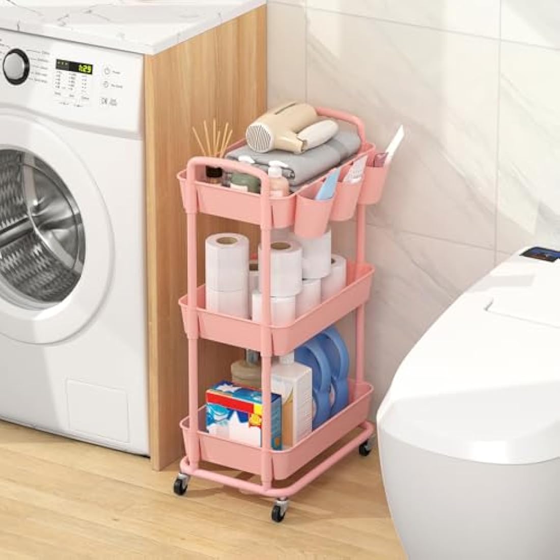 JIUYOTREE 3-Tier Rolling Utility Cart with Handles and Wheels - Pink
