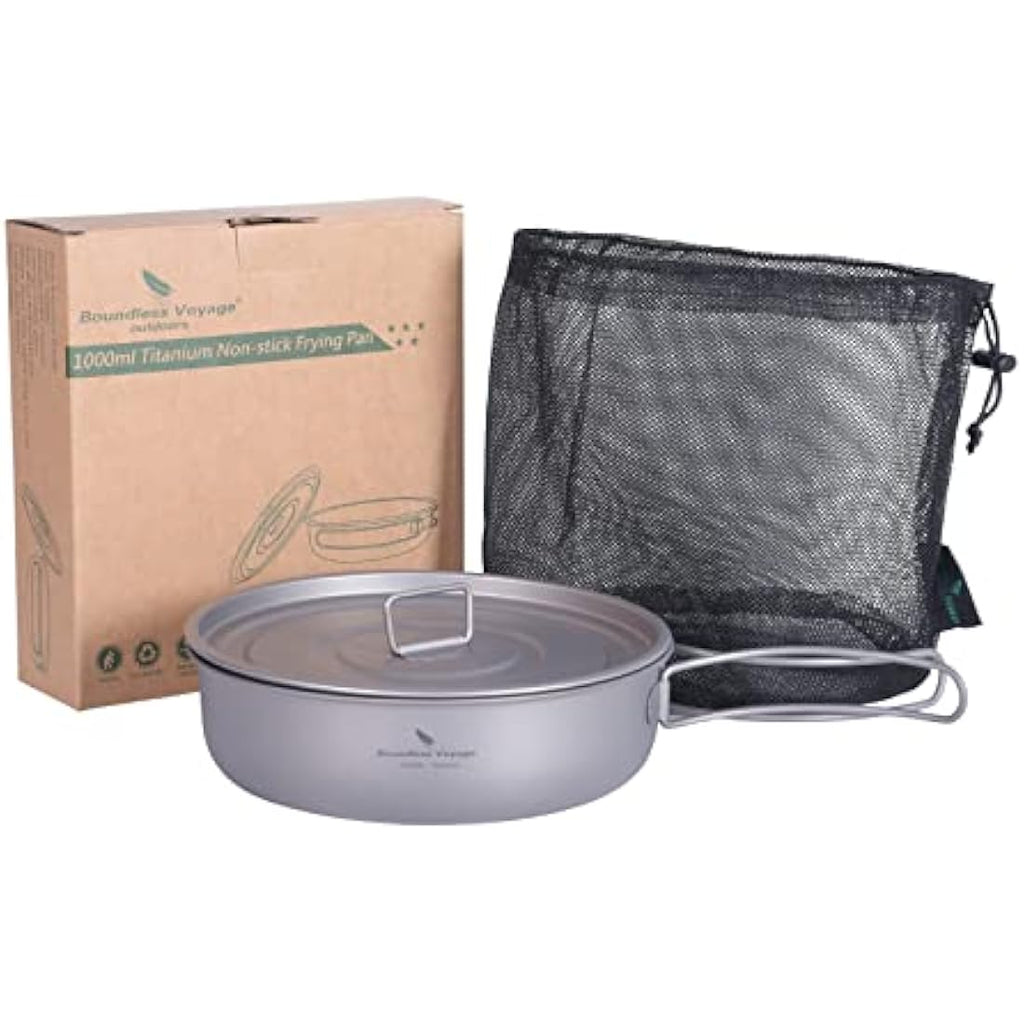 iBasingo 1000ml Titanium Camping Frying Pan with Lid & Folding Handle