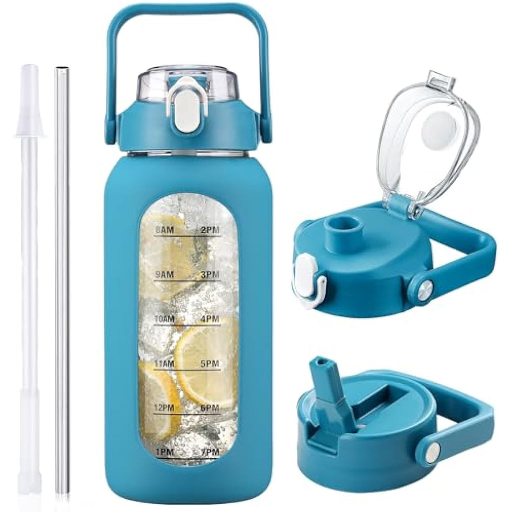 HYDRAGLAZIC 2L Glass Water Bottle | 2 Lids & Silicone Sleeve - Blue