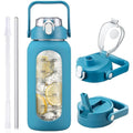 HYDRAGLAZIC 2L Glass Water Bottle | 2 Lids & Silicone Sleeve - Blue