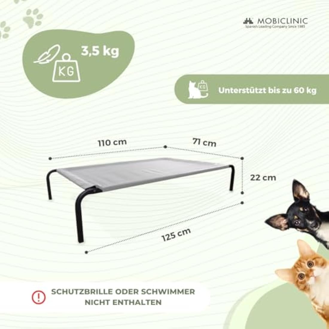 Mobiclinic Cleo Elevated Dog Bed | Cooling Outdoor Pet Cot, Grey