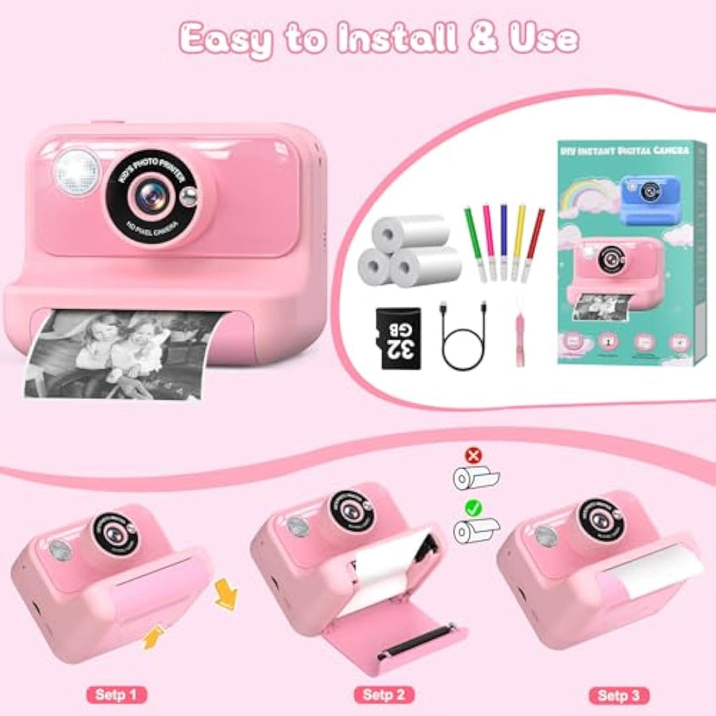 Hangrui Kids Instant Print Camera - 1080P Digital Toy with 32GB Card - Pink