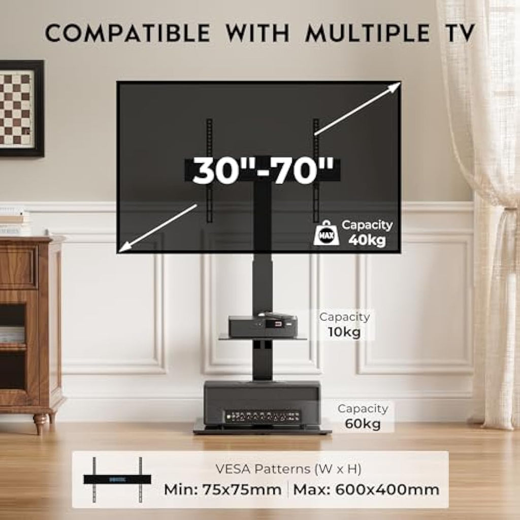 BONTEC Universal Floor TV Stand | 30-70 inch Swivel Mount with Glass Shelves