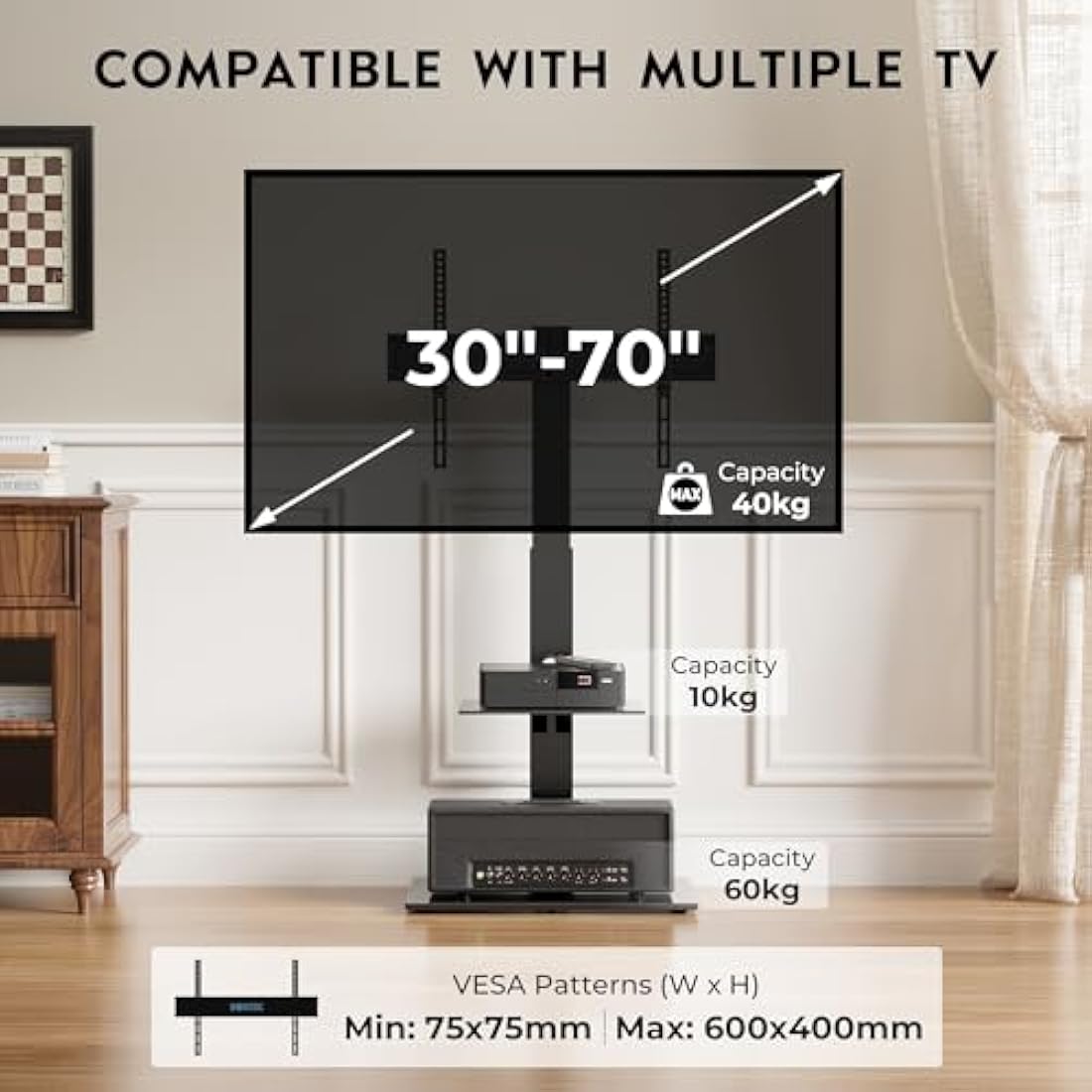 BONTEC Universal Floor TV Stand | 30-70 inch Swivel Mount with Glass Shelves