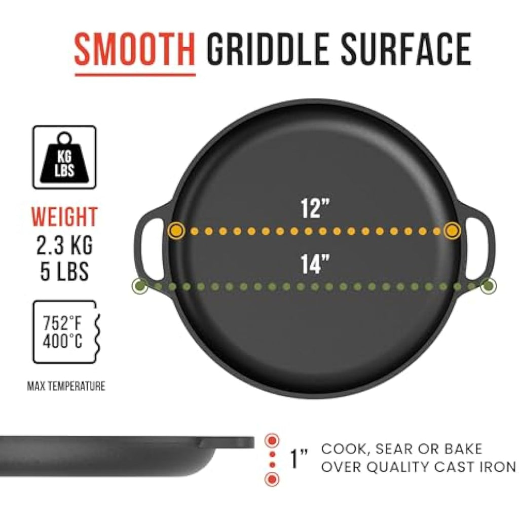 Chef Pomodoro 12-Inch Cast Iron Pizza Pan | Pre-Seasoned Griddle Skillet