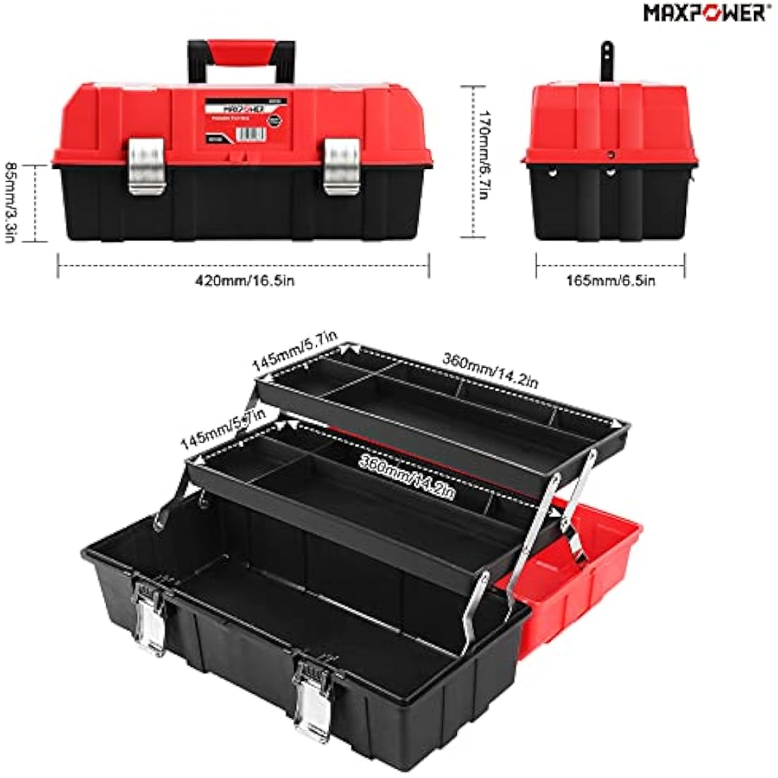MAXPOWER 17-Inch Cantilever Tool Box – 3-Layer Plastic Storage Organiser