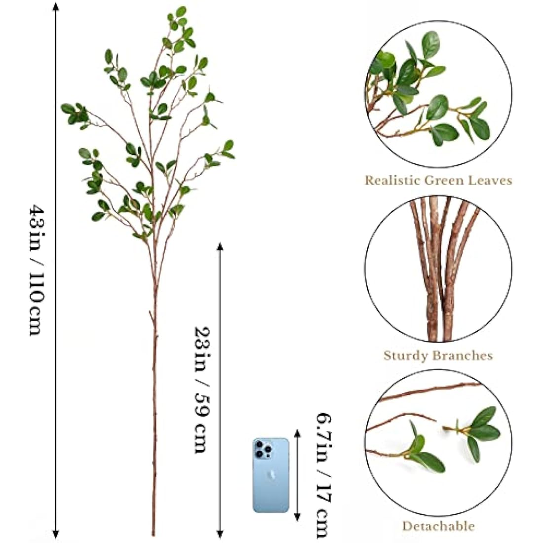 3Pcs Artificial Ficus Branches | 43.3in Faux Greenery Stems