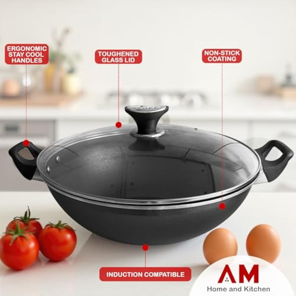 Jolof Store 32cm Non-Stick Induction Wok with Lid | Cast Aluminum Stir-Fry Pan