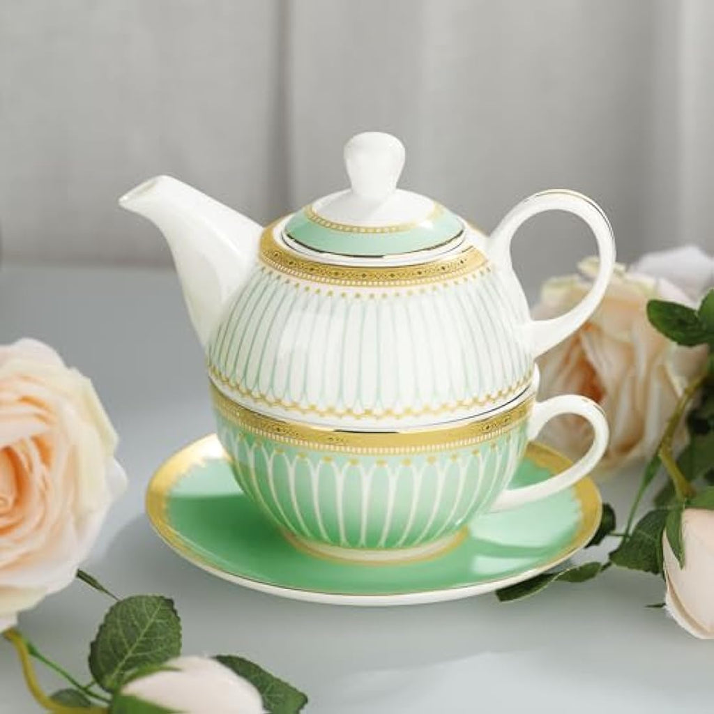 fanquare Porcelain Tea for One Set | Green Striped Teapot and Cup