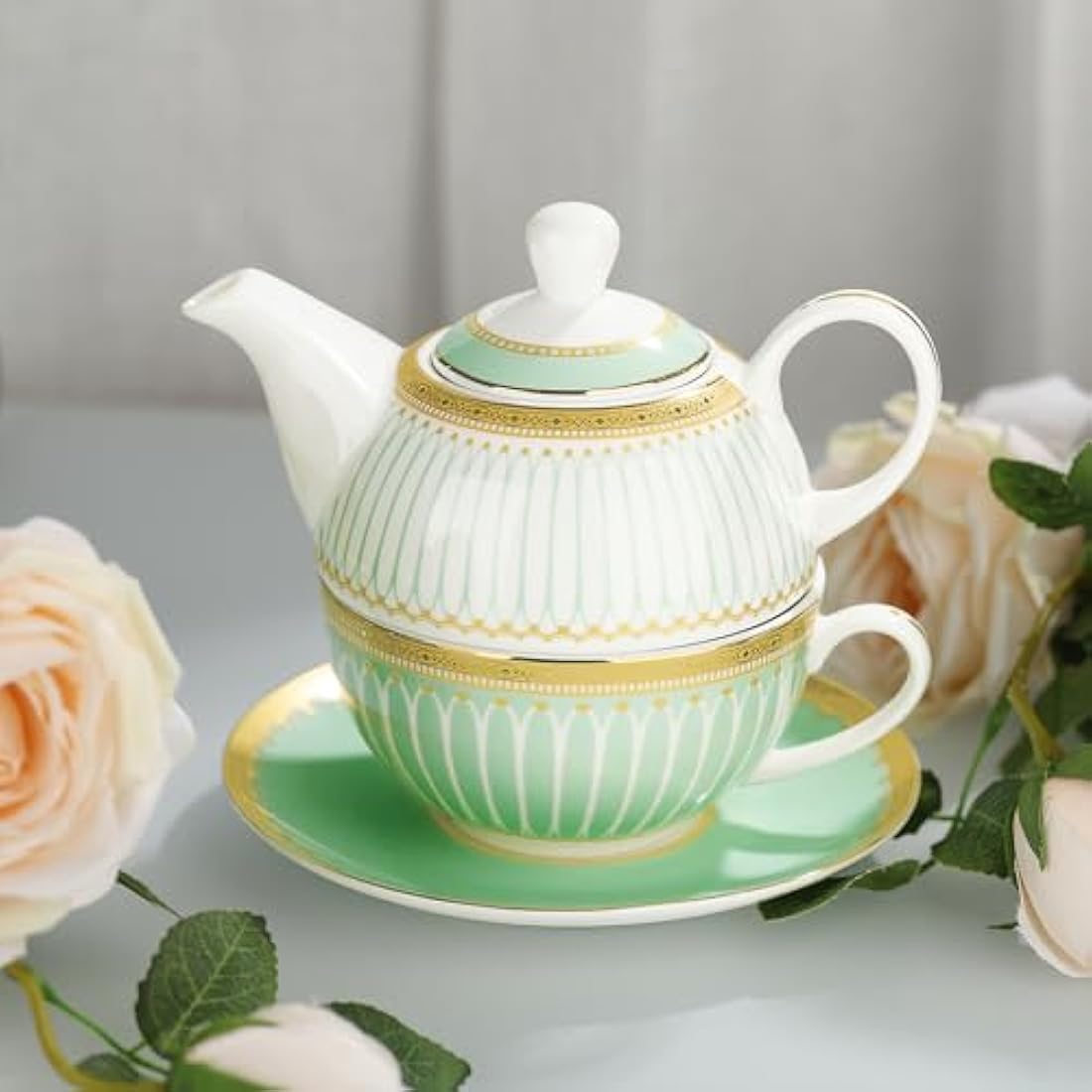 fanquare Porcelain Tea for One Set | Green Striped Teapot and Cup