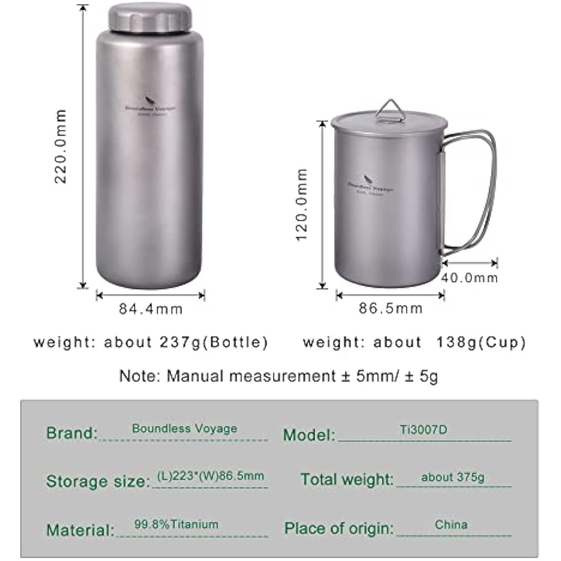 iBasingo Titanium 1050ml Bottle & 600ml Nesting Cup Set for Camping