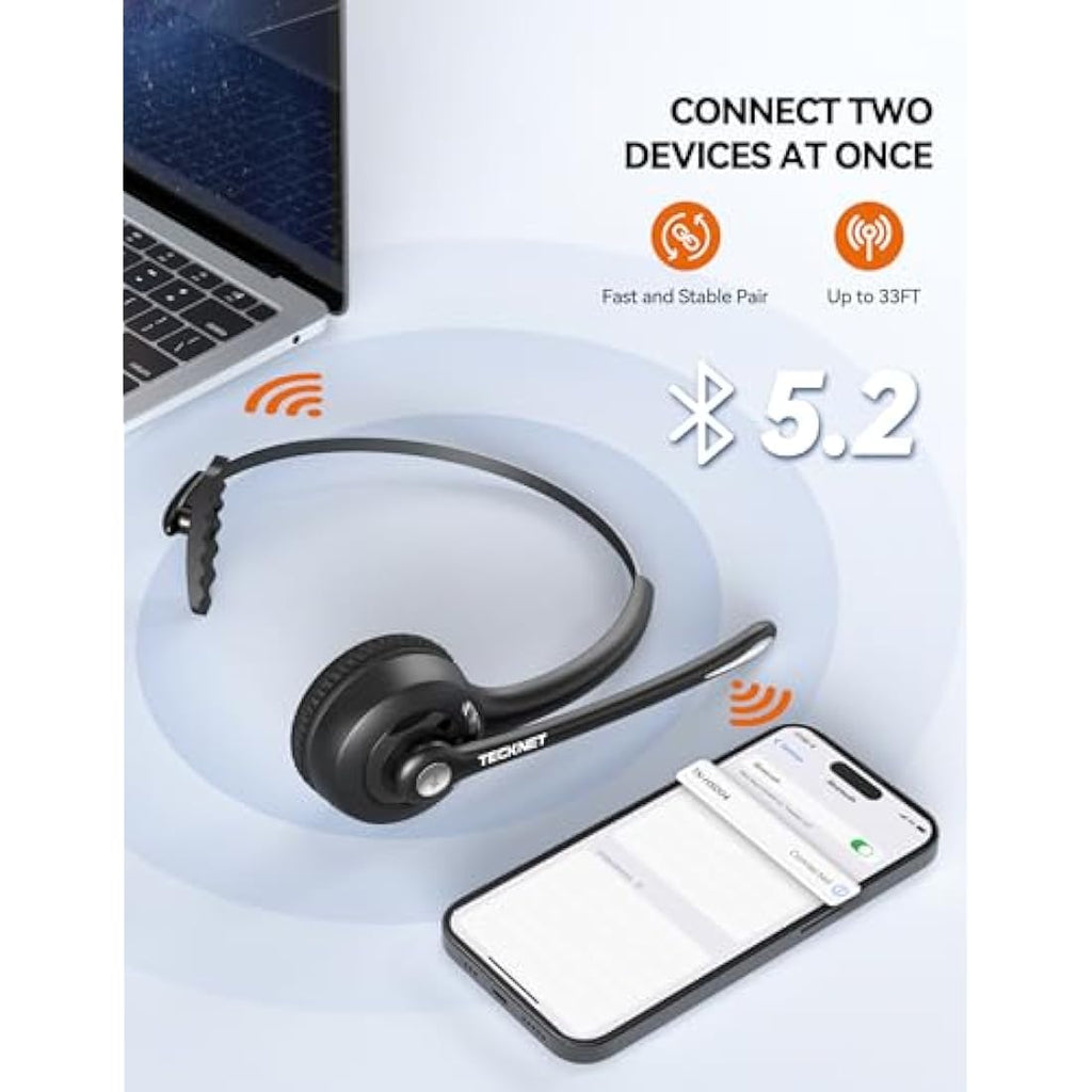 TECKNET Bluetooth Headset – Wireless Noise Cancelling Headphones with USB Dongle