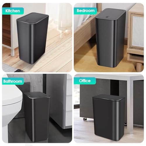 Kssvzz 3-Pack 10L Slim Bathroom Bins with Lid | Black Plastic Waste Bin