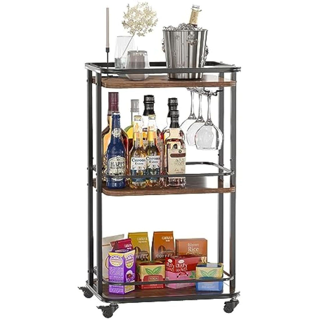 IBUYKE 3-Tier Rolling Bar Cart – Rustic Brown Kitchen Serving Trolley
