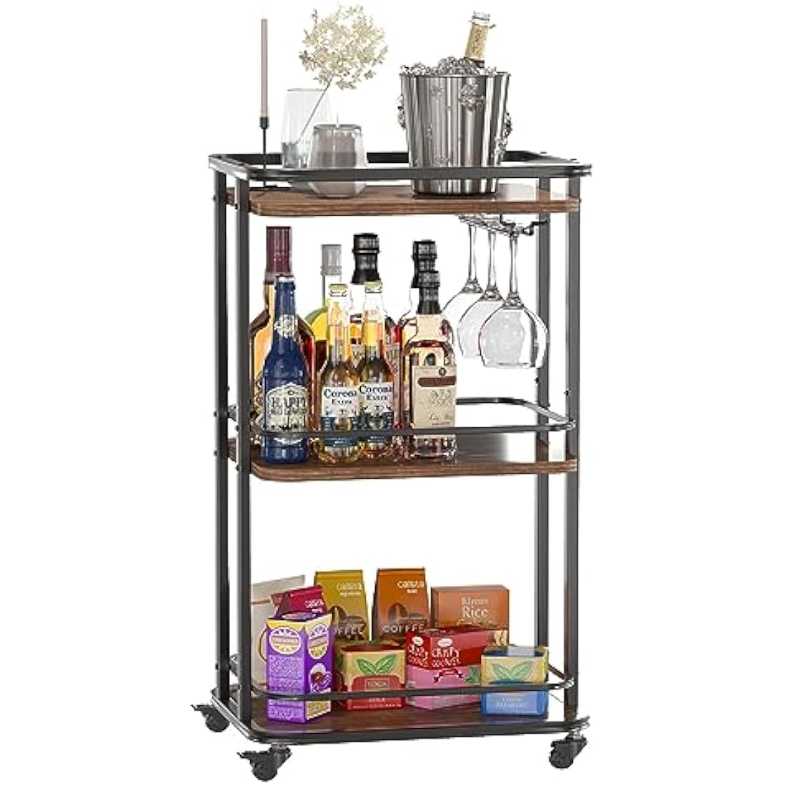 IBUYKE 3-Tier Rolling Bar Cart – Rustic Brown Kitchen Serving Trolley