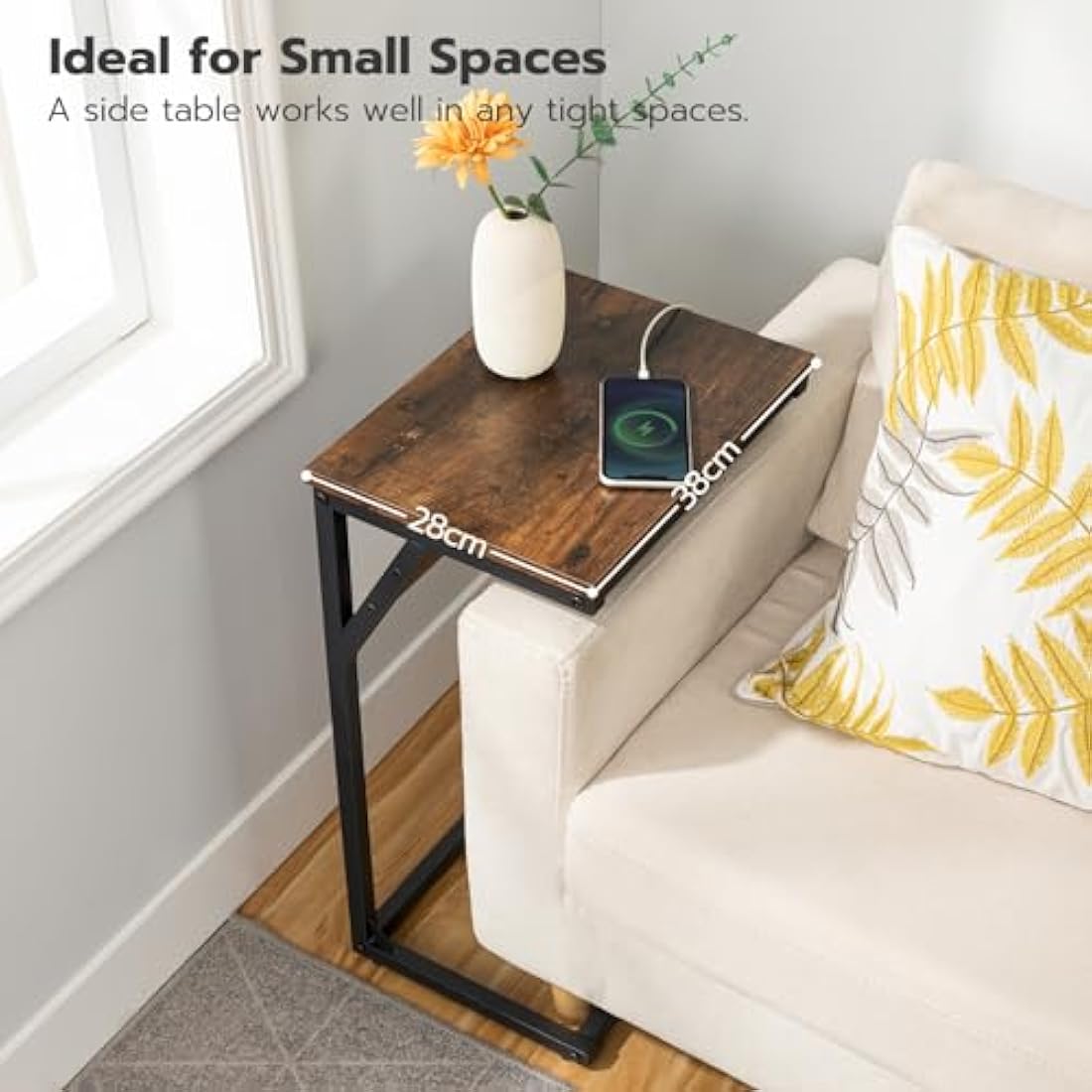 HOOBRO C Shaped Side Table with Charging Station | Rustic Brown & Black