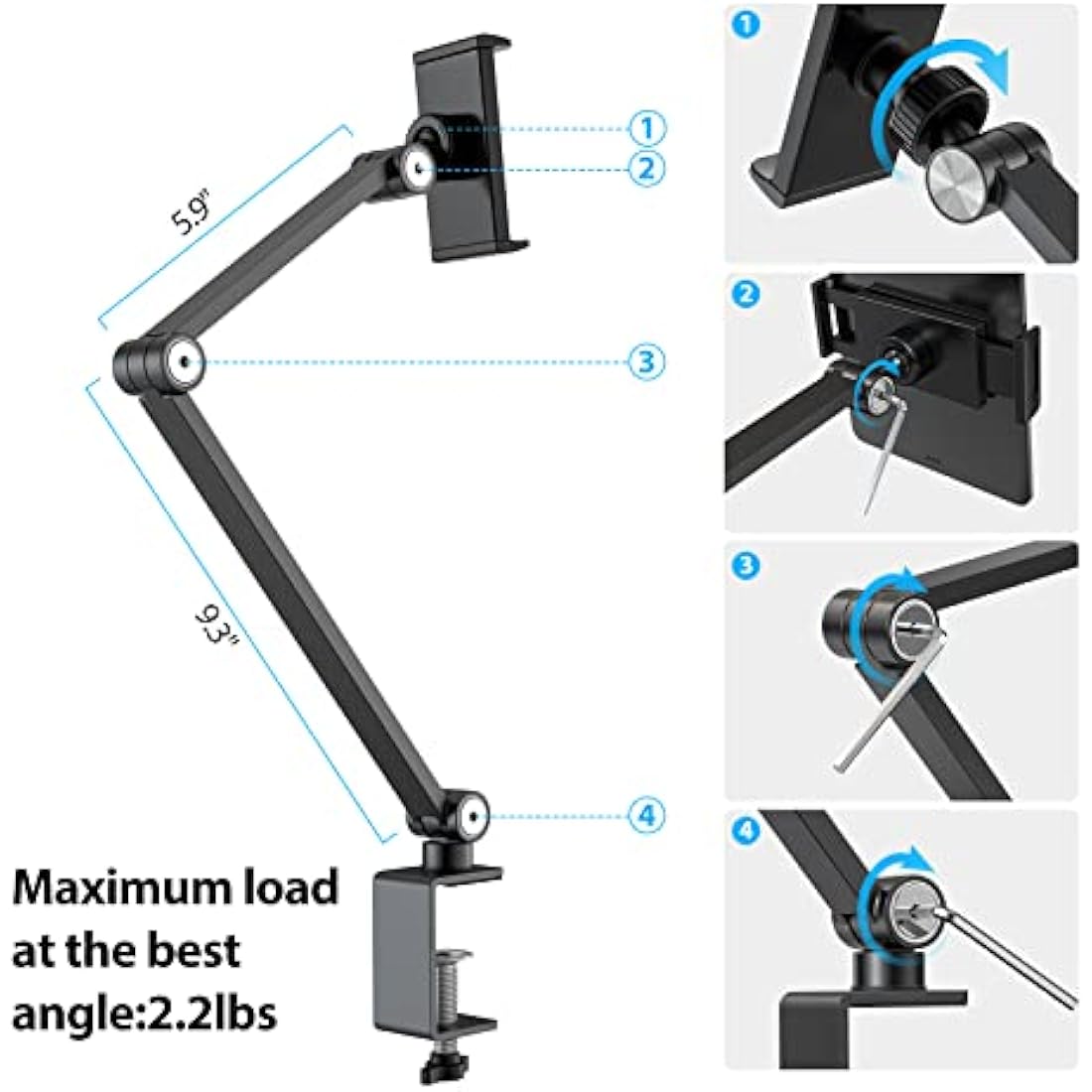 BEWISER Aluminum iPad Desk Mount – Adjustable Tablet Arm for 4.7-15.6" (Grey)