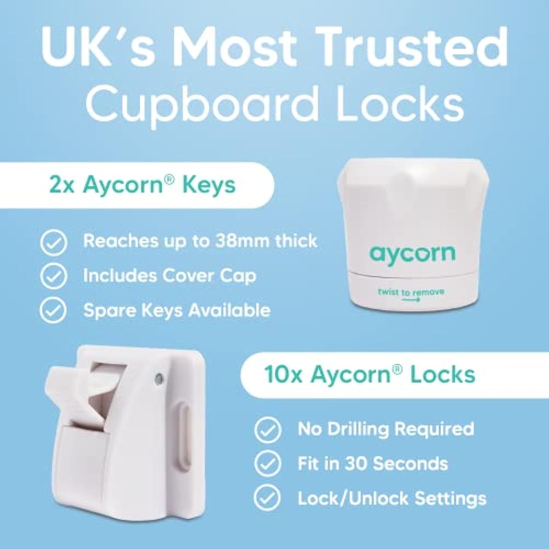 Aycorn Magnetic Cupboard Locks | 10-Pack Child Safety Locks with 2 Keys