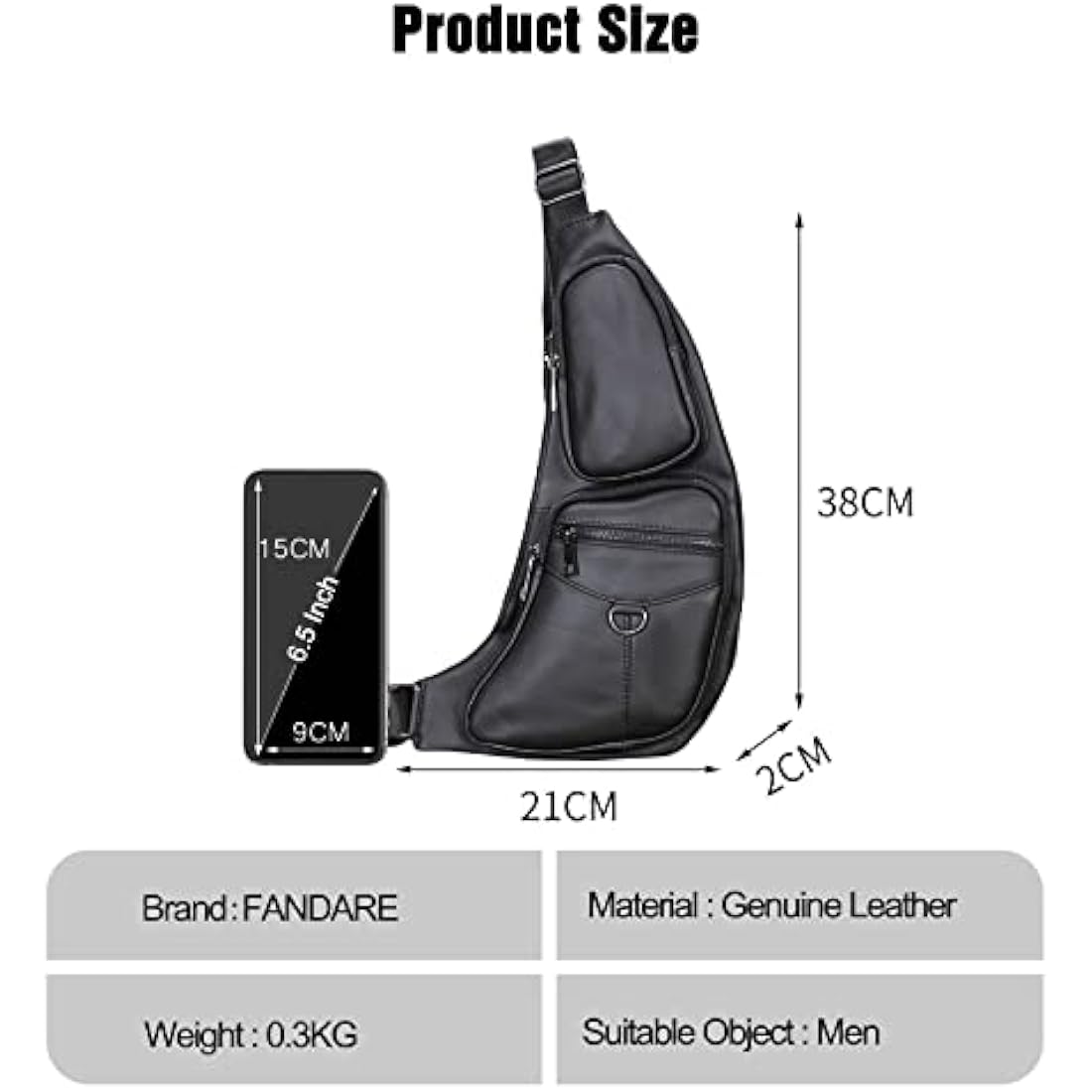 FANDARE Genuine Leather Sling Bag – Waterproof Crossbody Chest Pack, Black