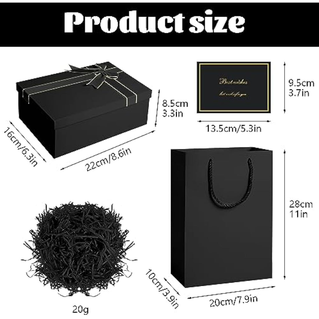 Jolof Store Luxury Black Gift Box with Lid, Ribbon and Bag – 22x16x8.5cm