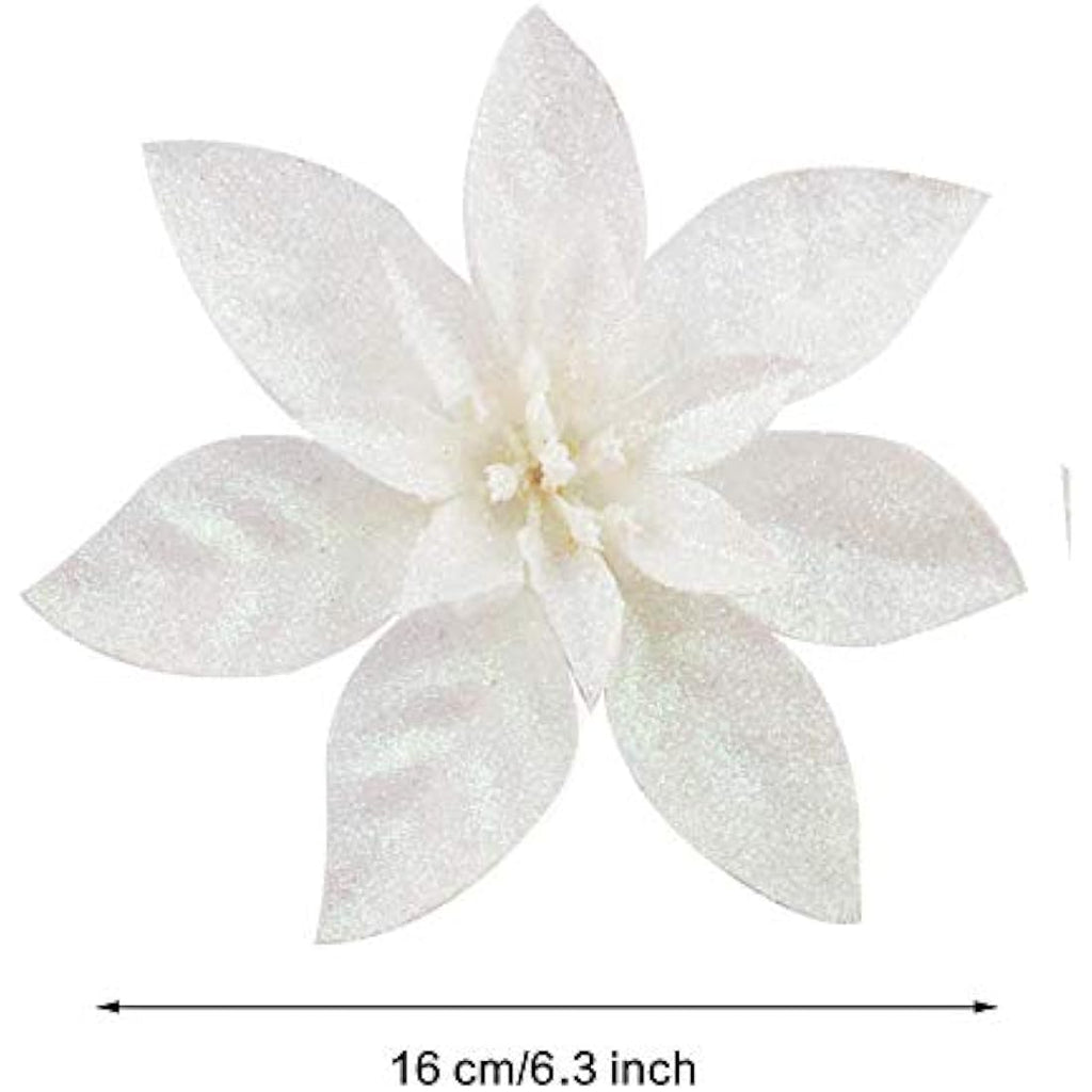 Jolof Store 12 Pcs White Glitter Poinsettia Christmas Tree Flowers