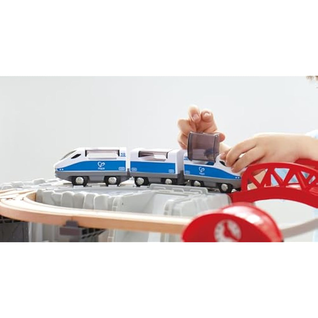 Hape City Railway Wooden Train Set with Storage Box - Ages 3 and Up