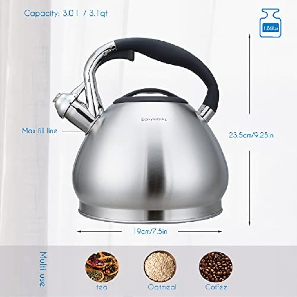 Easyworkz 3.0L Whistling Tea Kettle | 18/8 Stainless Steel Stovetop Pot