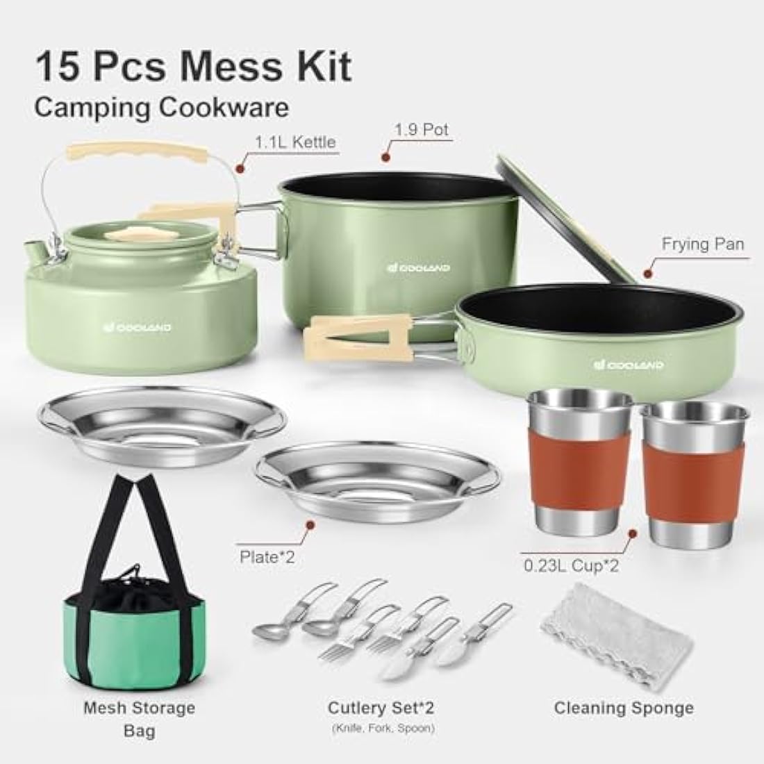 Odoland 15pcs Camping Cookware Mess Kit with Kettle and Utensils