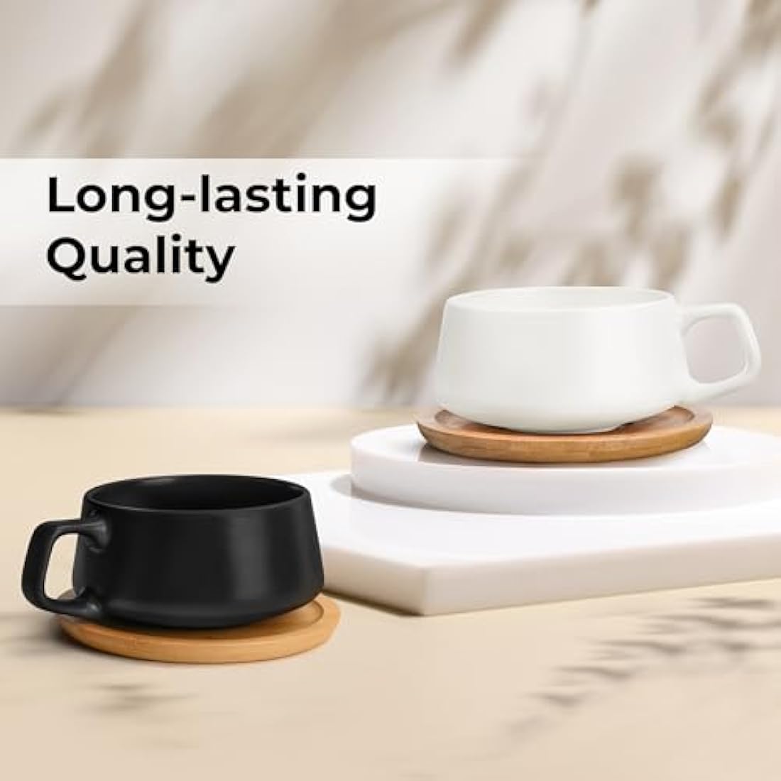 MIAMIO Ceramic Coffee Cup Set with Bamboo Saucers - 320ml Luxe Collection
