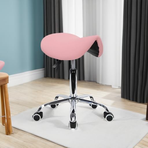 KKTONER Rolling Saddle Stool - Adjustable PU Leather Salon Chair, Pink