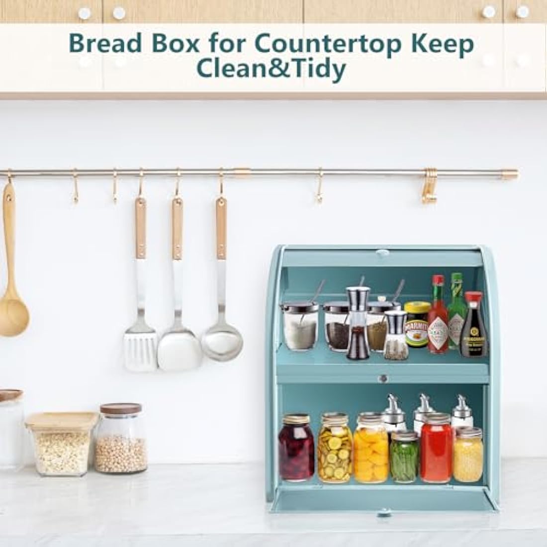 Dyserbuy Large 2-Layer Metal Bread Bin with Roll Top Lid - Green