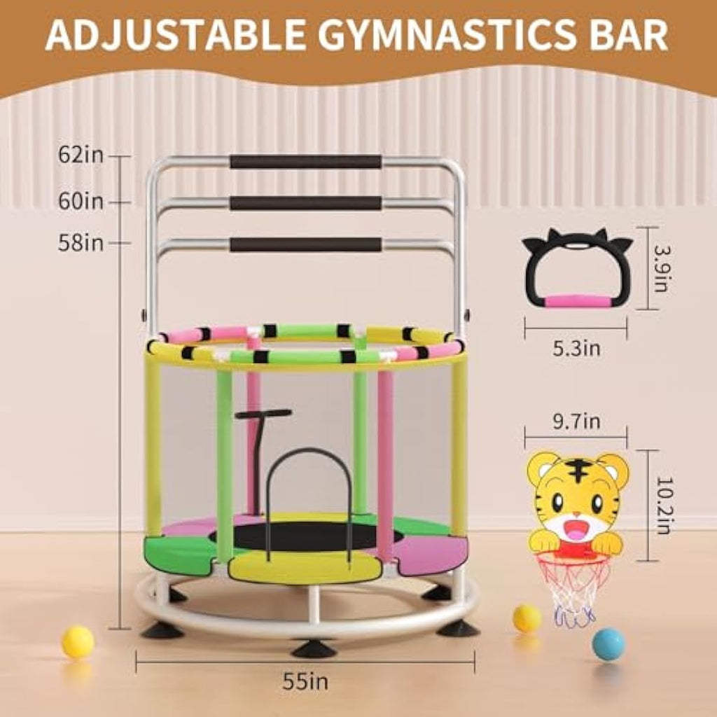 Kids Trampoline with Adjustable Gym Bar and Safety Net