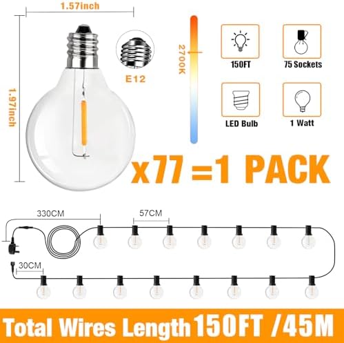 SUWIN 150FT G40 LED Festoon Lights Outdoor – IP45 Waterproof Garden String Lights