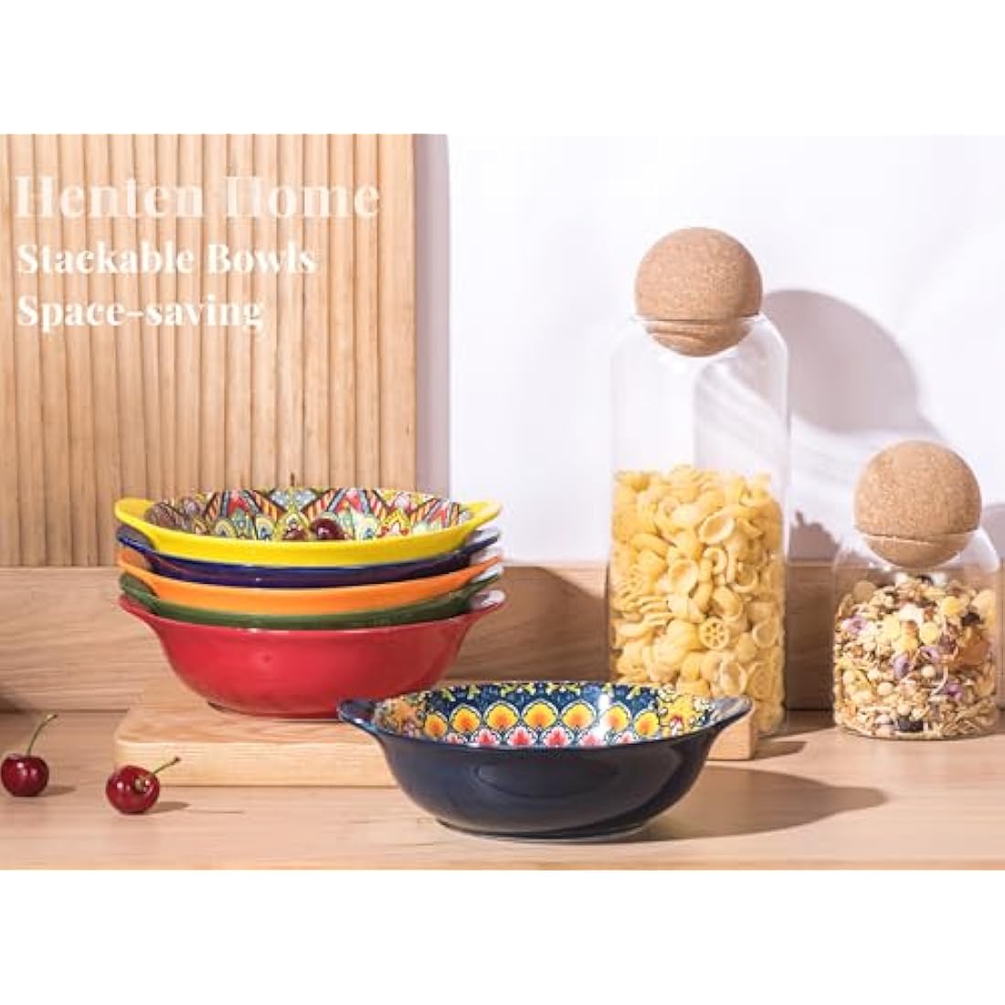 Henten Home Bohemian Ceramic Bowls Set - 6pc Colorful Porcelain with Handles