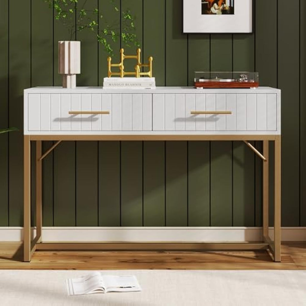 Merax Modern White Wooden Dressing Table with Ribbed Drawers