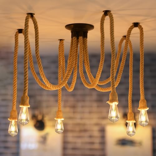 6-Head Industrial Spider Chandelier | Hemp Rope Pendant